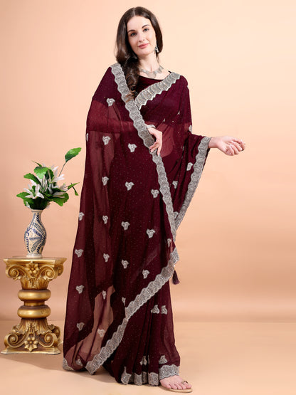 Leelavati Embroidered, Embellished, Woven Bollywood Georgette Saree (Maroon)