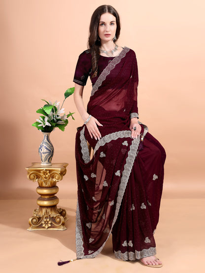 Leelavati Embroidered, Embellished, Woven Bollywood Georgette Saree (Maroon)