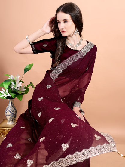 Leelavati Embroidered, Embellished, Woven Bollywood Georgette Saree (Maroon)