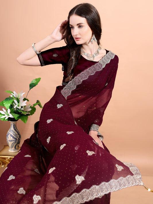 Leelavati Embroidered, Embellished, Woven Bollywood Georgette Saree (Maroon)