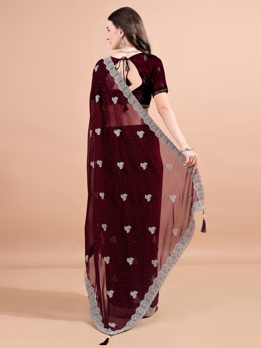 Leelavati Embroidered, Embellished, Woven Bollywood Georgette Saree (Maroon)