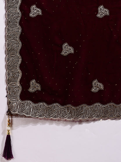 Leelavati Embroidered, Embellished, Woven Bollywood Georgette Saree (Maroon)