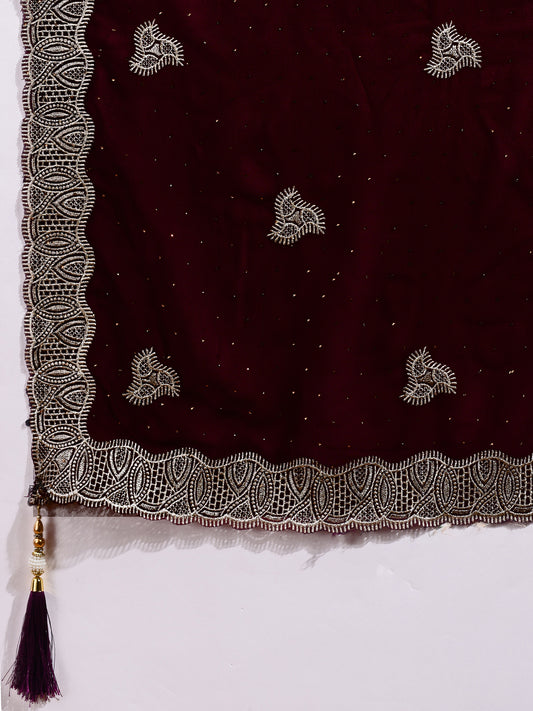 Leelavati Embroidered, Embellished, Woven Bollywood Georgette Saree (Maroon)