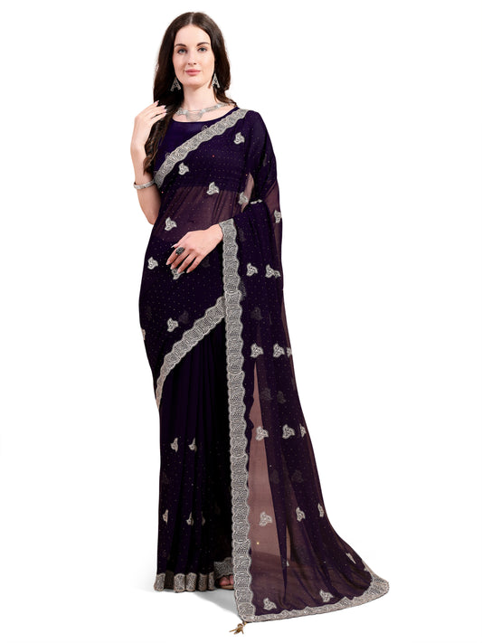 Leelavati Embroidered, Embellished, Woven Bollywood Georgette Saree (Purple)