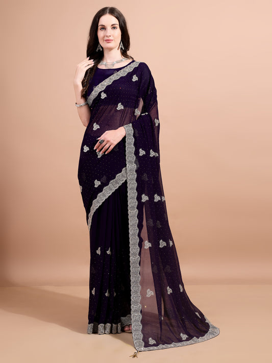 Leelavati Embroidered, Embellished, Woven Bollywood Georgette Saree (Purple)