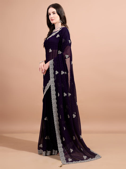 Leelavati Embroidered, Embellished, Woven Bollywood Georgette Saree (Purple)