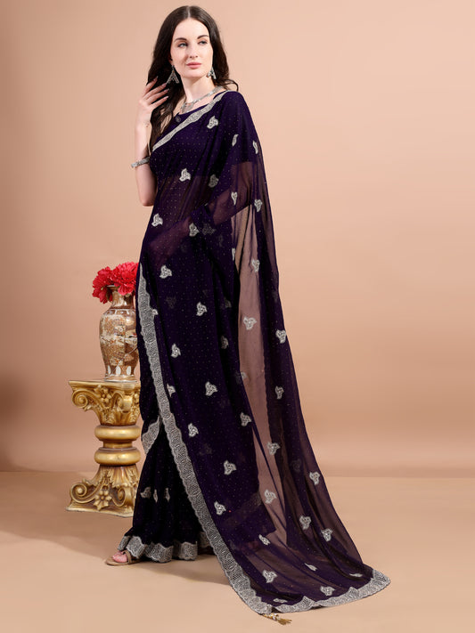 Leelavati Embroidered, Embellished, Woven Bollywood Georgette Saree (Purple)