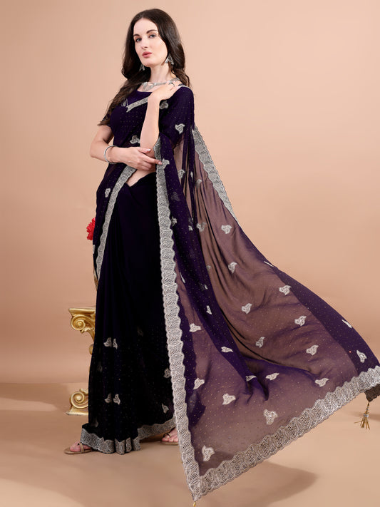Leelavati Embroidered, Embellished, Woven Bollywood Georgette Saree (Purple)