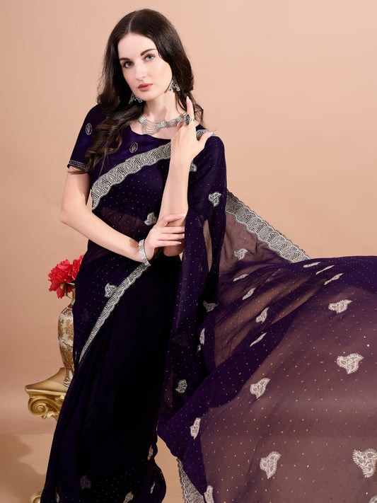 Leelavati Embroidered, Embellished, Woven Bollywood Georgette Saree (Purple)