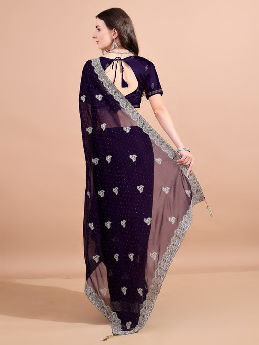 Leelavati Embroidered, Embellished, Woven Bollywood Georgette Saree (Purple)