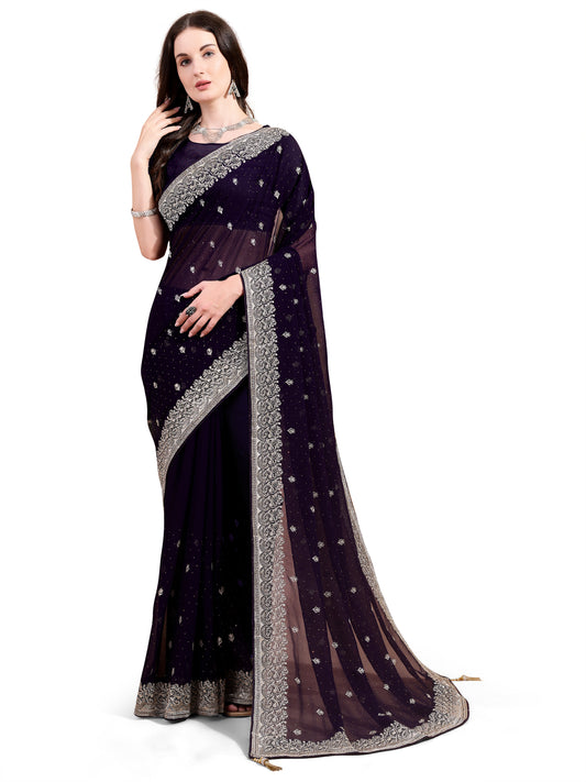 Leelavati Embroidered, Embellished, Woven Bollywood Georgette Saree (Purple)