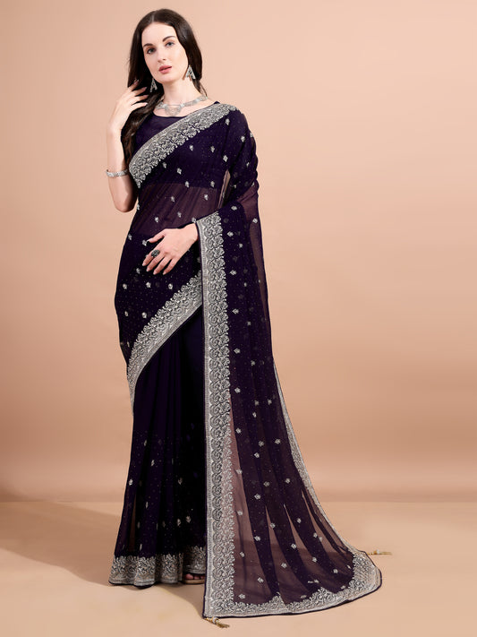 Leelavati Embroidered, Embellished, Woven Bollywood Georgette Saree (Purple)