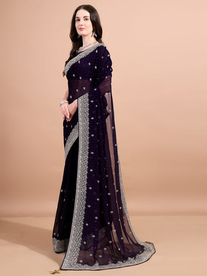 Leelavati Embroidered, Embellished, Woven Bollywood Georgette Saree (Purple)