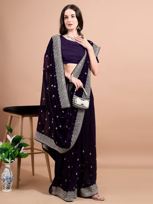 Leelavati Embroidered, Embellished, Woven Bollywood Georgette Saree (Purple)