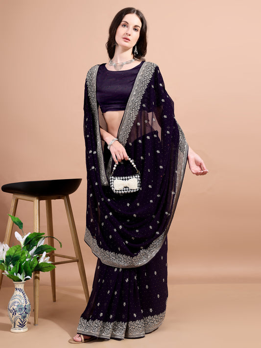 Leelavati Embroidered, Embellished, Woven Bollywood Georgette Saree (Purple)