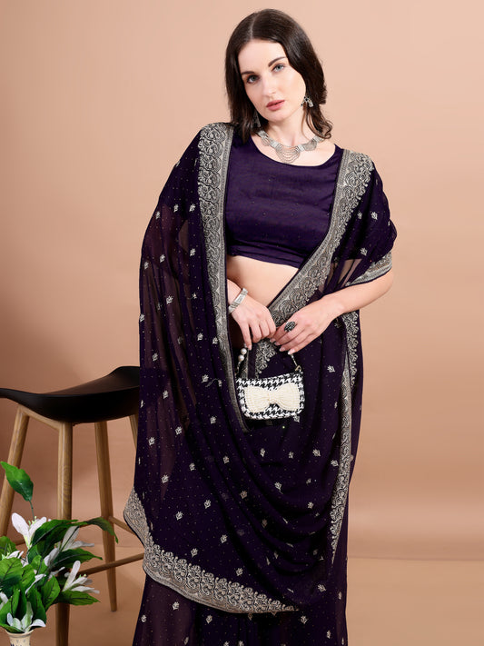 Leelavati Embroidered, Embellished, Woven Bollywood Georgette Saree (Purple)