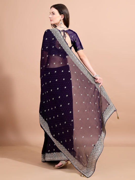 Leelavati Embroidered, Embellished, Woven Bollywood Georgette Saree (Purple)