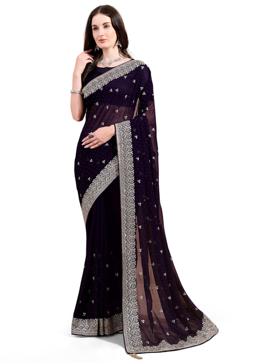 Leelavati Embroidered, Embellished, Woven Bollywood Georgette Saree (Purple)