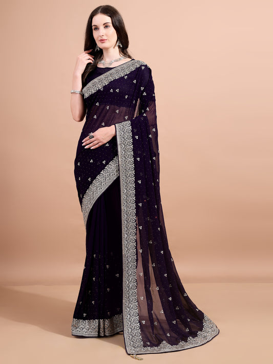 Leelavati Embroidered, Embellished, Woven Bollywood Georgette Saree (Purple)