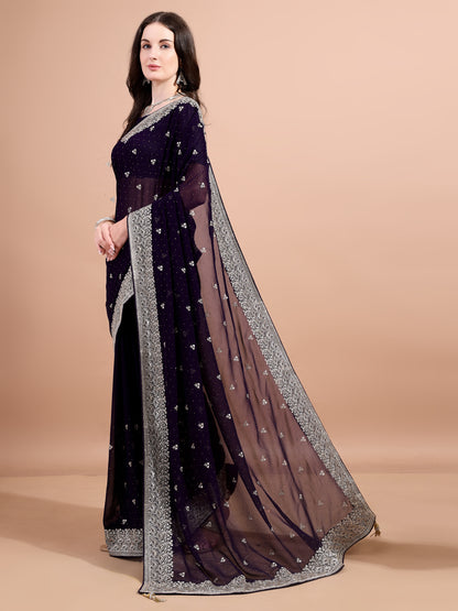 Leelavati Embroidered, Embellished, Woven Bollywood Georgette Saree (Purple)