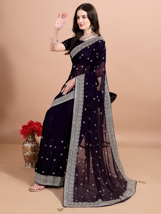 Leelavati Embroidered, Embellished, Woven Bollywood Georgette Saree (Purple)