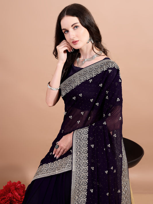 Leelavati Embroidered, Embellished, Woven Bollywood Georgette Saree (Purple)