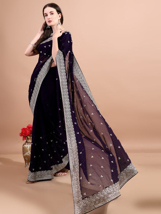 Leelavati Embroidered, Embellished, Woven Bollywood Georgette Saree (Purple)