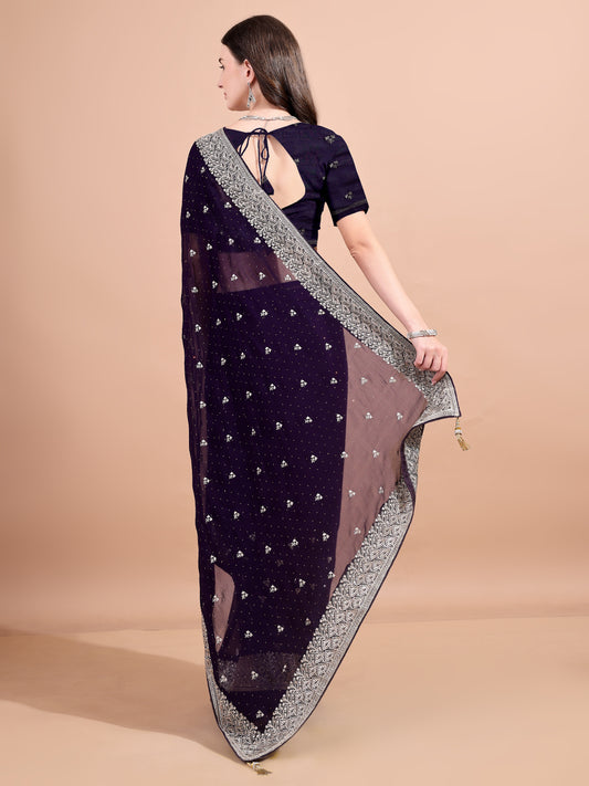 Leelavati Embroidered, Embellished, Woven Bollywood Georgette Saree (Purple)