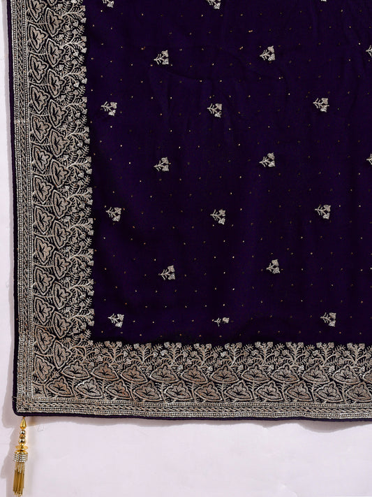 Leelavati Embroidered, Embellished, Woven Bollywood Georgette Saree (Purple)