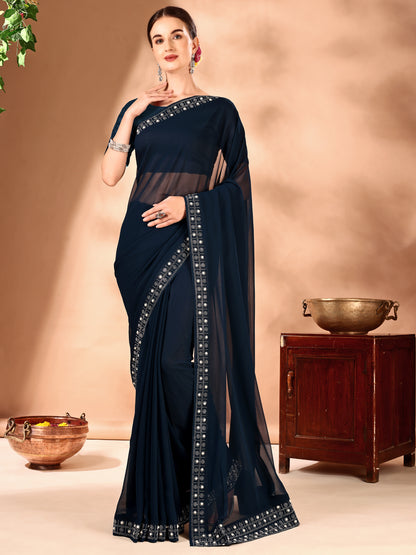 Leelavati Embellished Bollywood Chiffon Saree (Dark Blue)