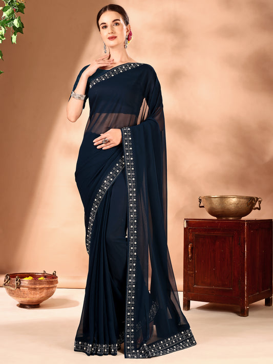 Leelavati Embellished Bollywood Chiffon Saree (Dark Blue)