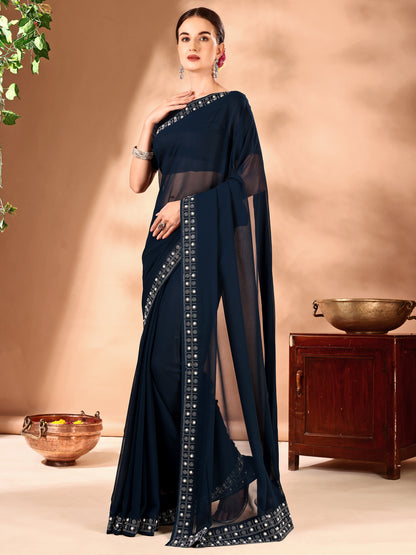 Leelavati Embellished Bollywood Chiffon Saree (Dark Blue)