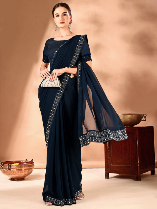 Leelavati Embellished Bollywood Chiffon Saree (Dark Blue)
