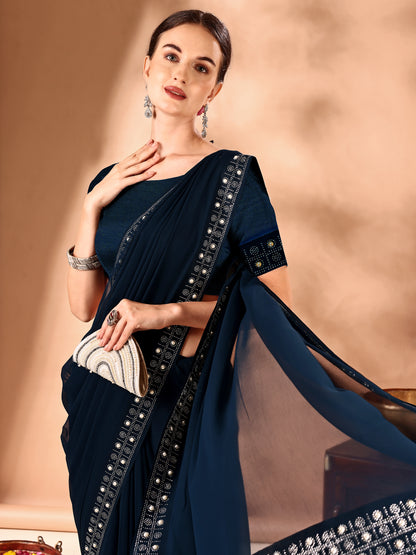 Leelavati Embellished Bollywood Chiffon Saree (Dark Blue)