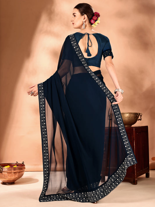 Leelavati Embellished Bollywood Chiffon Saree (Dark Blue)