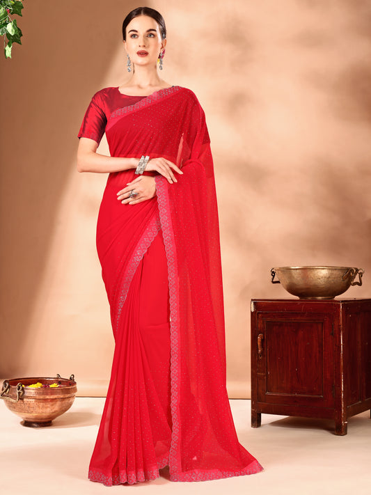 Leelavati Embellished Bollywood Chiffon Saree (Red)