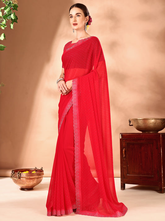 Leelavati Embellished Bollywood Chiffon Saree (Red)
