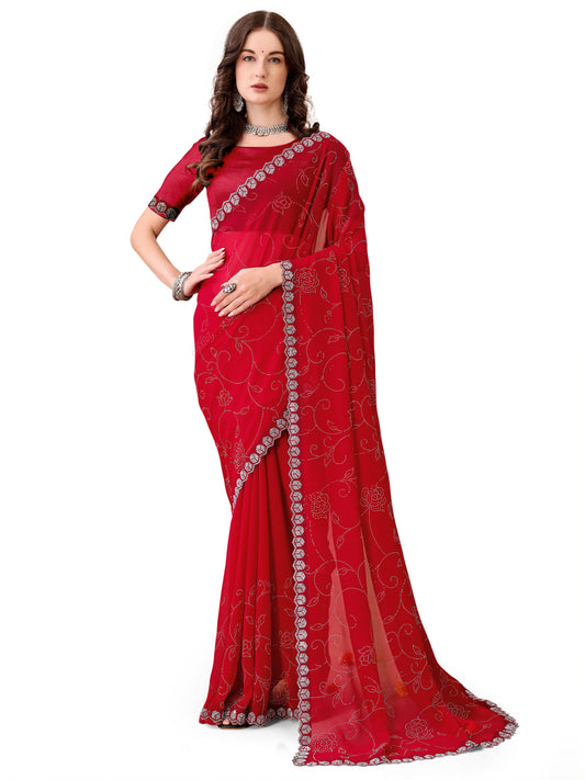 Leelavati Embroidered, Embellished Bollywood Georgette Saree (Red)