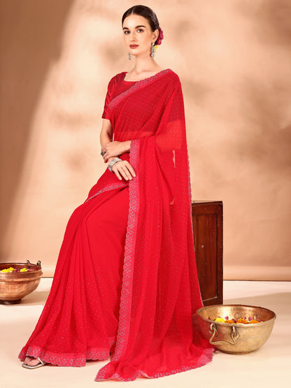 Leelavati Embellished Bollywood Chiffon Saree (Red)