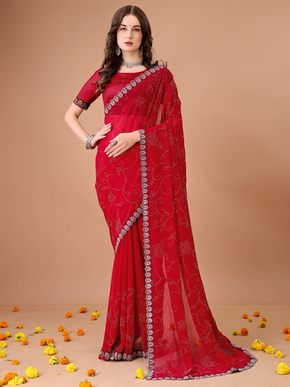 Leelavati Embroidered, Embellished Bollywood Georgette Saree (Red)