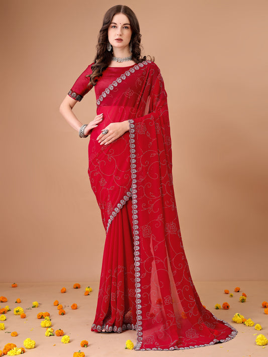 Leelavati Embroidered, Embellished Bollywood Georgette Saree (Red)