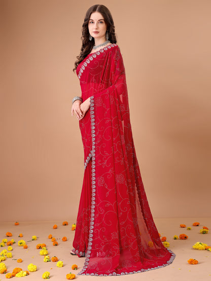 Leelavati Embroidered, Embellished Bollywood Georgette Saree (Red)