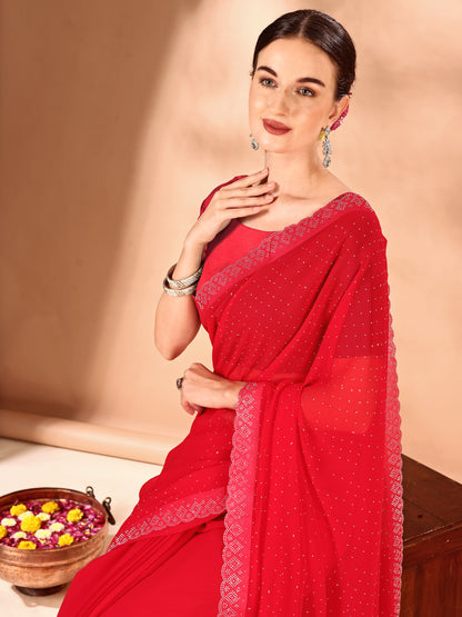 Leelavati Embellished Bollywood Chiffon Saree (Red)