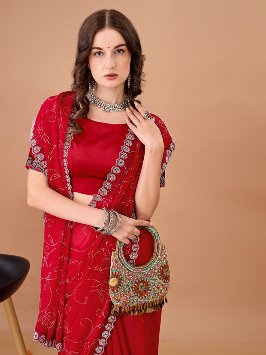 Leelavati Embroidered, Embellished Bollywood Georgette Saree (Red)