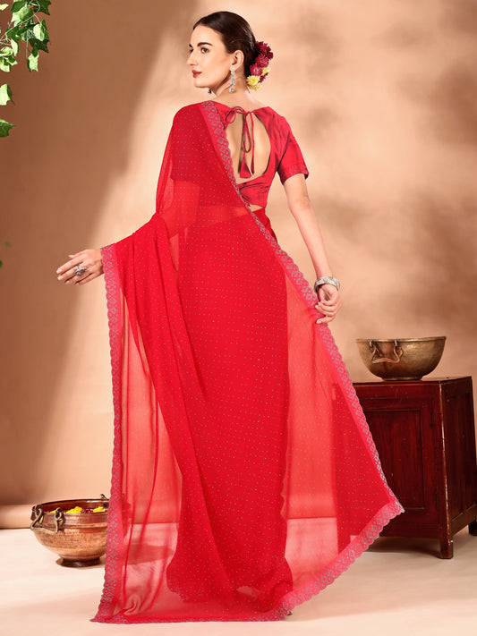Leelavati Embellished Bollywood Chiffon Saree (Red)