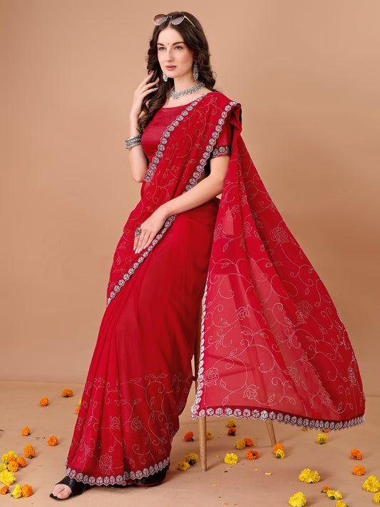Leelavati Embroidered, Embellished Bollywood Georgette Saree (Red)