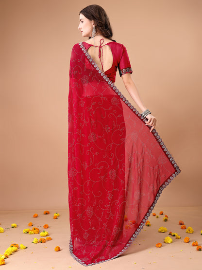 Leelavati Embroidered, Embellished Bollywood Georgette Saree (Red)
