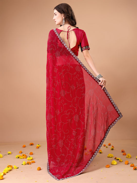 Leelavati Embroidered, Embellished Bollywood Georgette Saree (Red)