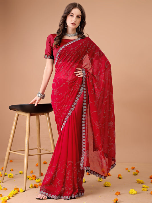 Leelavati Embroidered, Embellished Bollywood Georgette Saree (Red)