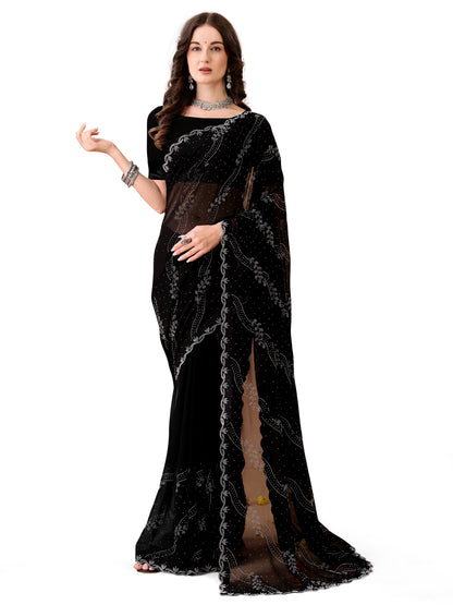 Leelavati Embroidered, Embellished Bollywood Georgette Saree (Black)